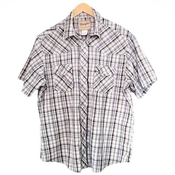 Wrangler Shirt Men’s Size XL Short Sleeve Western Pearl Snap Blue White Plaid - Picture 6 of 6